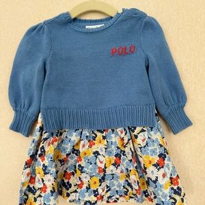 Polo Ralph Lauren Sweater Dress Floral Skirt Cotton Knit Blue Girls 9mo